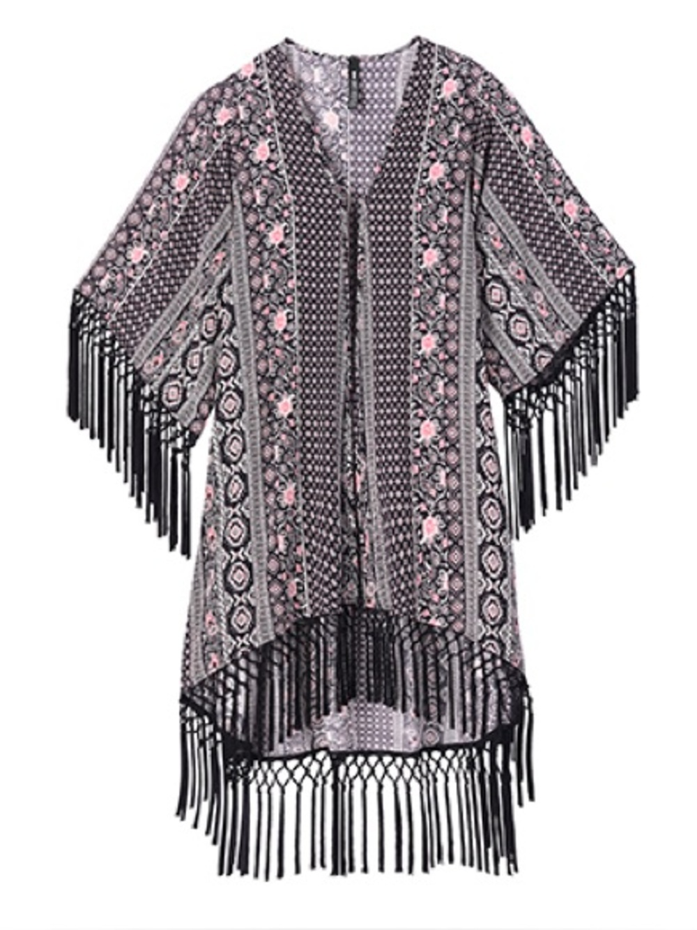 Design Lab Lord & Taylor Boho Fringe Longline Kimono Cardigan Black Pink Small